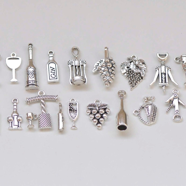 Antique Silver Corkscrew Wine Opener Grape Barrel Party Theme Charms Mixed Style Set of 23