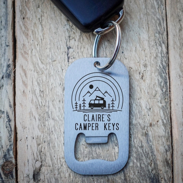 Personalised Line Art Camper Stainless Steel Key Ring Bottle Opener Key Ring - Vanlife - Campervan