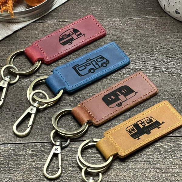 Happy Camper Leather Keychain, Camping Key chain, Camper Gift, RV Gifts, RV Keychain, Travel Trailer Retro Camper Key, Airstream Gift