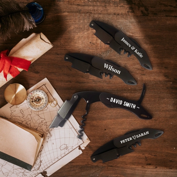 Personalised Matte Black Wine Corkscrew, Bottle Opener, Custom UV Printed Logo Knife/Foil Cutter, Corporate, Groomsmen, Christmas, Dad Gift