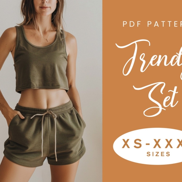 Top + Shorts Sewing Pattern | XS-XXXL | Instant Download | Easy Digital PDF | Women's Elastic Shorts and Cute Crop Top Set | Gym Loungewear