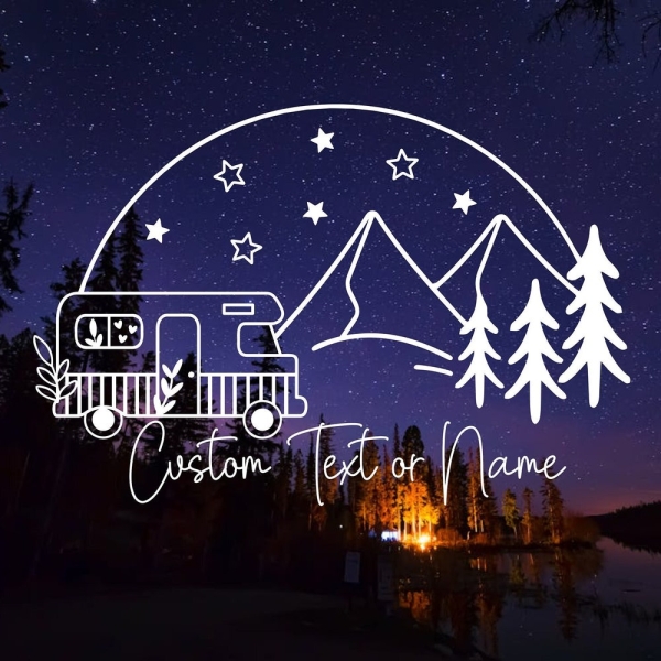 Camping Under the Stars Vinyl Decal | With or without custom phrase or name | Happy Camper Decal | Custom font | Boho RV Camper|Camper Gift