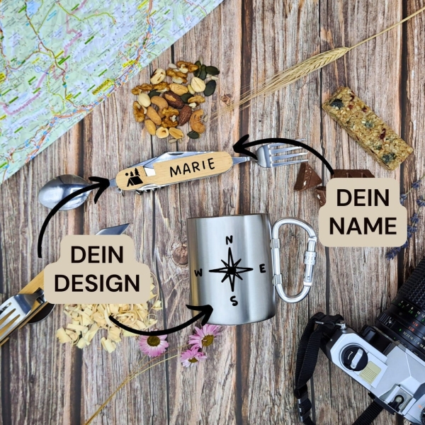 Camping Gift Set Box | Camping Cutlery | Mug | Mountains | Hiking | Campsite Cutlery | Camping | Bushcraft | Survival | Tents