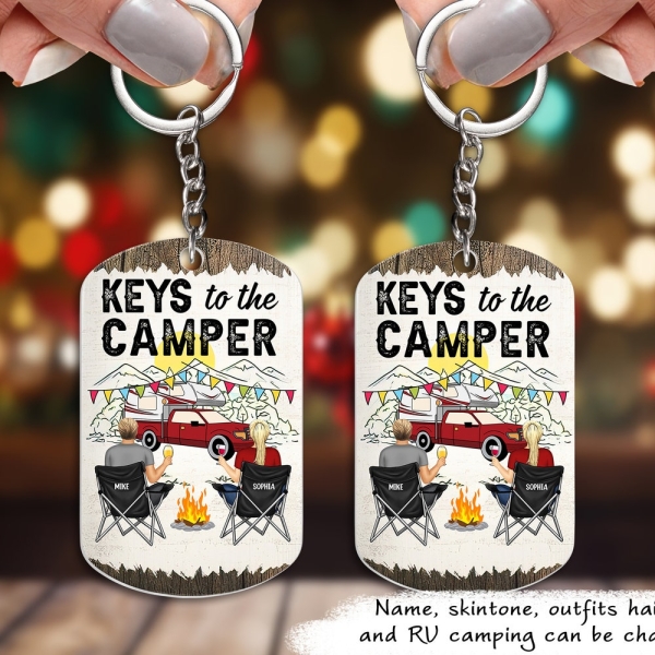 Keys To The Camper Custom Personalized Camping Couple Aluminum Keychain - Gift Idea For Couple Camping Lover - Vacation, Anniversary Gift