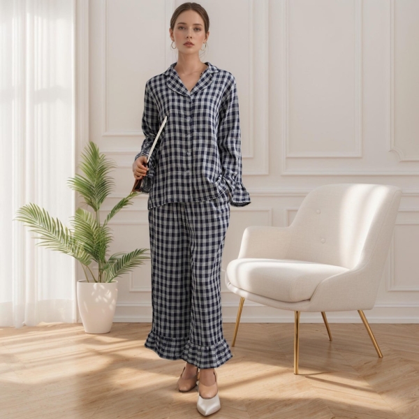 Pure Natural Plaid Cotton Sleepwear Organic Cotton Pajama Set Women's Loungewear, Casual plaid Homewear Garment Soft checkered Nightwear