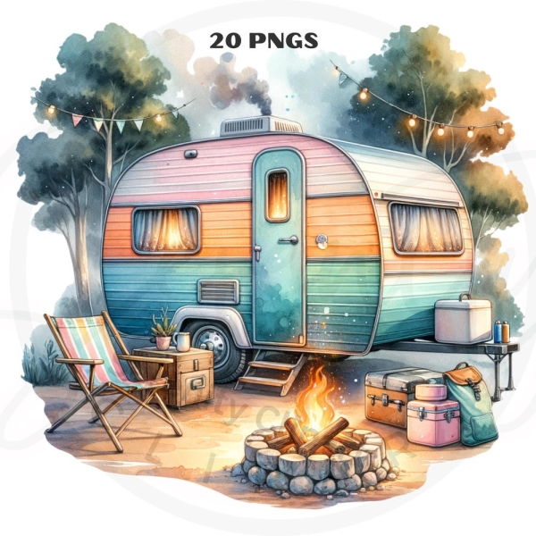 Watercolor Caravan Camper Trailer Clipart, 20 PNG Trailer Clipart, Adventure, Camping, Caravan, Scrapbooking, Sublimation, Commercial Use