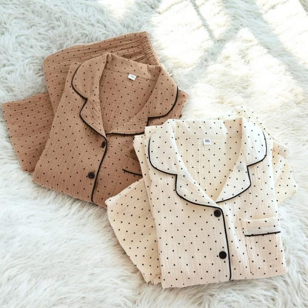 Cozy Cotton Polka Dot Pajamas for Women – Soft Button-Up Loungewear in Brown and Beige | Winter Sleepwear Christmas Gift 2025