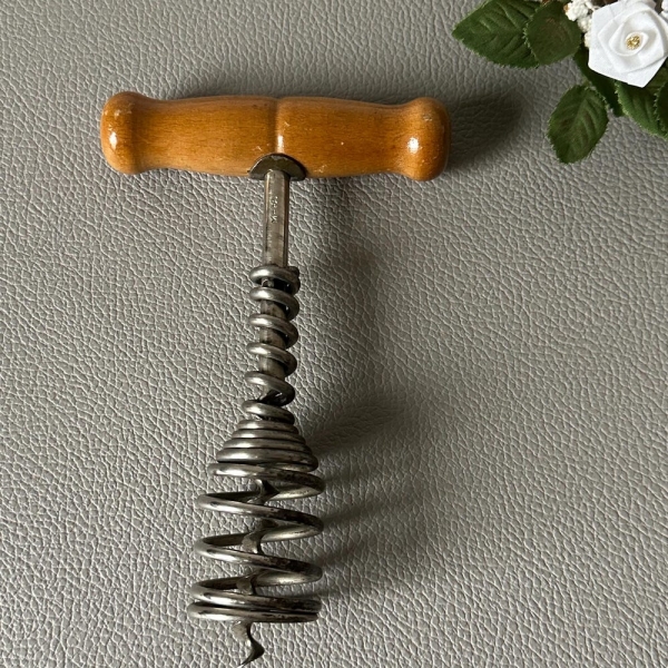 T-shaped corkscrew with spring and wooden handle MEFA, corkscrew, cork lifter