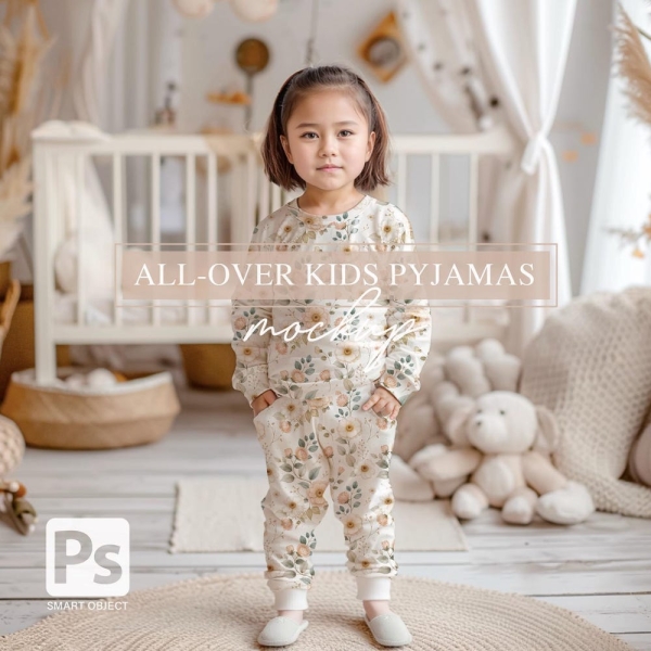 Toddler Girl Pyjamas MOCKUP, All-Over Print Two Pieces Kids Pajamas, Cozy Toddler Sleepwear Set PSD Mock-up, Children Nightwear Mockup