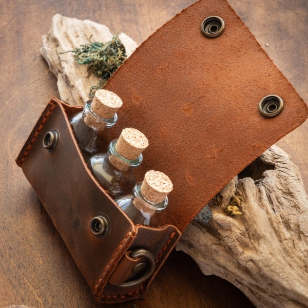 Handmade Leather Spice Bag Rustic Travel Organizer with Glass Jars Vintage Camping and Kitchen Accessory Camping Gear