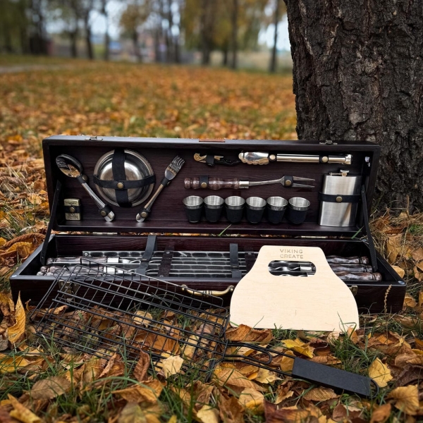 Camping BBQ Set, Stainless Steel Skewers, Grill Utensils, Forks, Plates, Corkscrew, Outdoor Cooking Kit, Gift for Grandfather, Housewarming