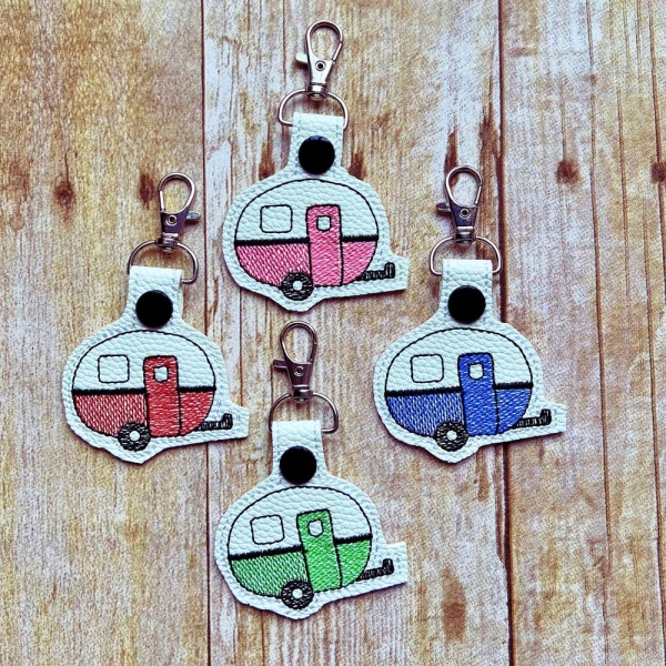 Camper Embroidered Keychain, Gifts For Camping Lovers, Faux Leather Key Chain, Retro Travel Trailer Accessory, Retirement Gift, RV Key Fob