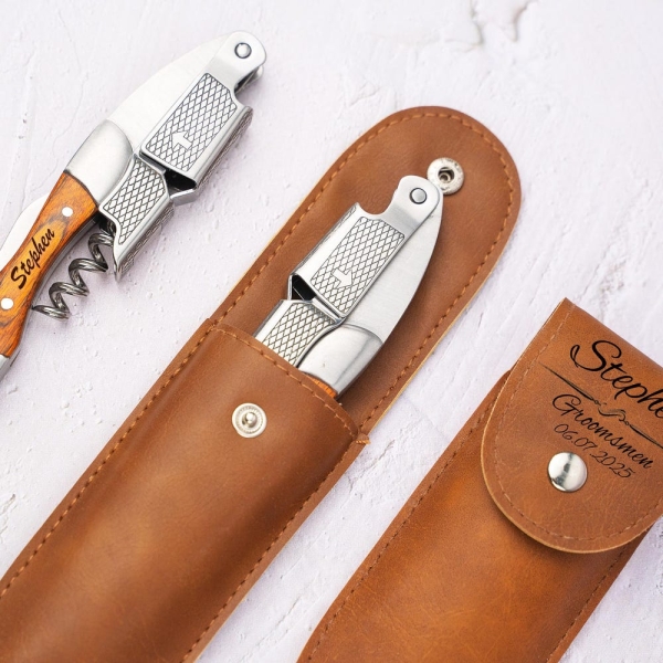 Personalized Wood Corkscrew with PU Leather Case, Custom Engraved Wine Opener, Groomsman Gift, Father's Day, Wedding, Birthday Present