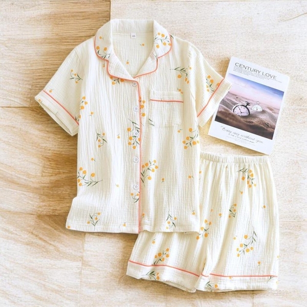 Cute Two Piece Pyjama Set For Women, Sleepwear With Short Sleeves Shirt, Summer Style Shorts, Floral Print Cotton Pyjama Set, Gift For Her