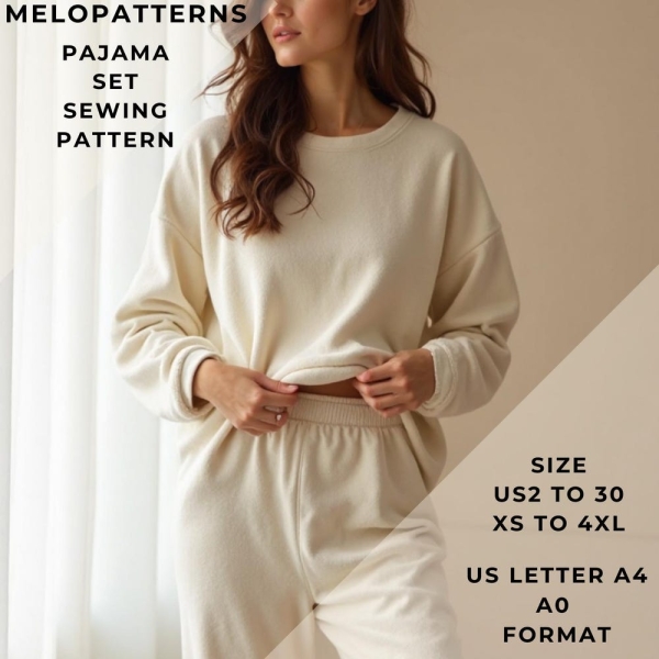 Pajama Set Sewing Pattern,Women Pajamas,Nightwear,Sleepwear Range of size options US2to30 and XS to 4XL,Suitable A0-A4-USLetter paper format