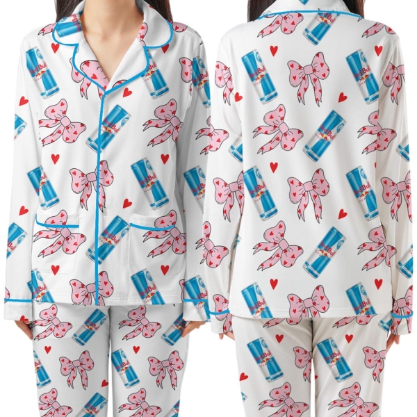 Red Bull Sugar Free Pink Coquette Bow Pajamas Set For Women, Pajamas Set, Energy Drink Fan Gift, Pjs for Women, Energy Drink Lover