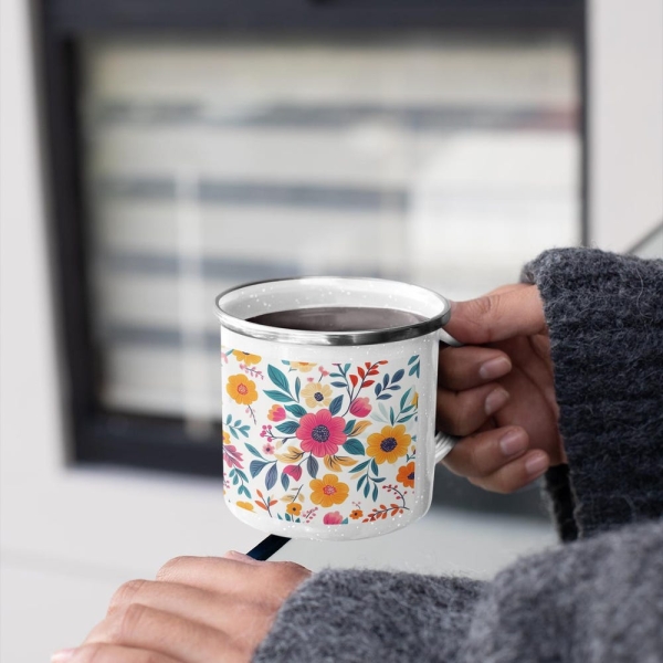Boho Floral Enamel Camping Mug, Vintage Outdoor Mug, Gift for Nature Lovers, Camping Accessories, Hiking Cup, Coffee Tea Mug